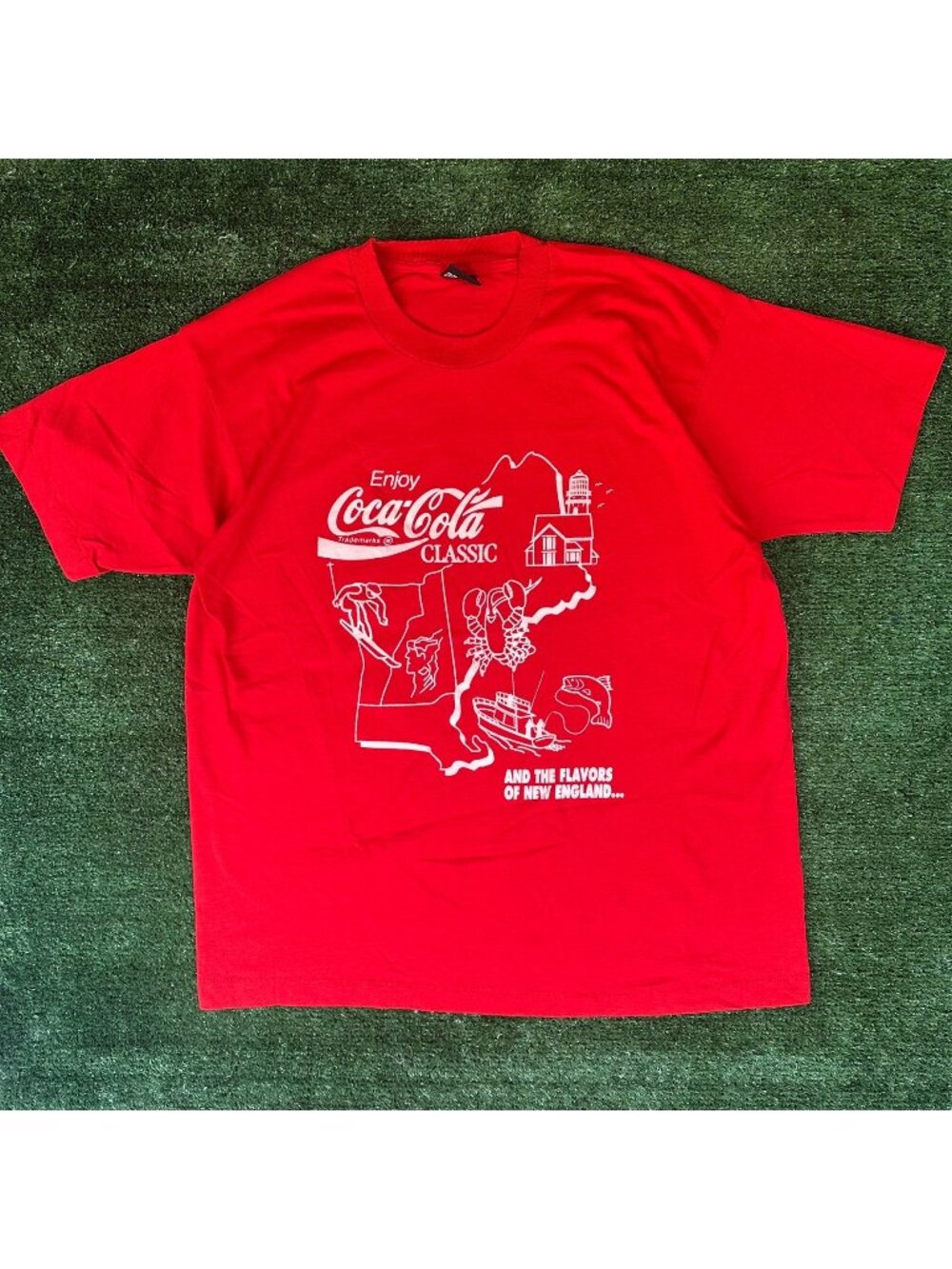 Vintage 80s Coca Cola Flavors New England Map T-Shirt Single Stitch Red XL Coke